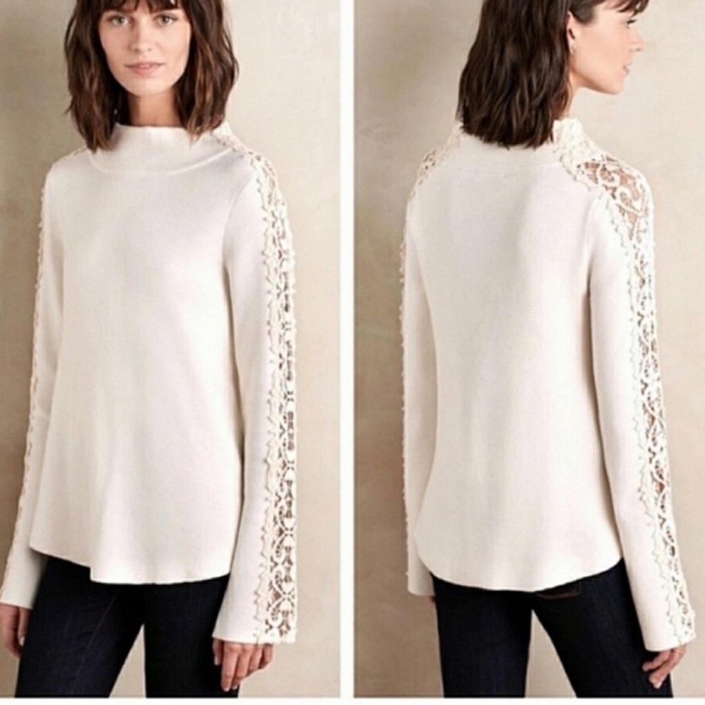 ANTHROPOLOGIE Ivory Lace Sleeve Pullover Cashmere Blend Sweater